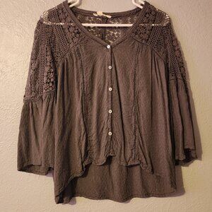 Lovestitch Gray 100% Rayon Semi Lace Long Sleeve Button Down Blouse